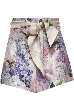 ZIMMERMANN Korte broeken, Dames, Veelkleurig, S, Hydrangea Print Zijden Shorts met Riem