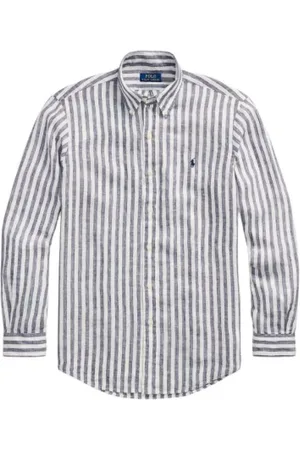 Ralph Lauren Overhemden, Heren, Blauw, XL, Linnen, Verticaal Gestreept Linnen Overhemd