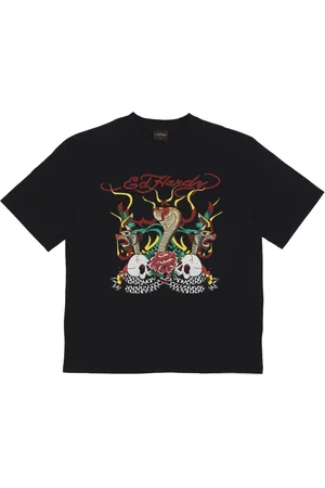 ED HARDY Tops, Heren, Zwart, L, Katoen, Slang & Schedel Vuur Tee Zwart