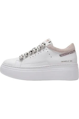 Emanuélle vee Schoenen, Dames, Wit, 35 EU, Leer, Witte Roze Leren Sneakers met Strass