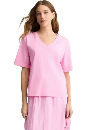 Liu Jo Tops, Dames, Roze, L, Katoen, Katoenen Jersey T-shirt met Strass Logo