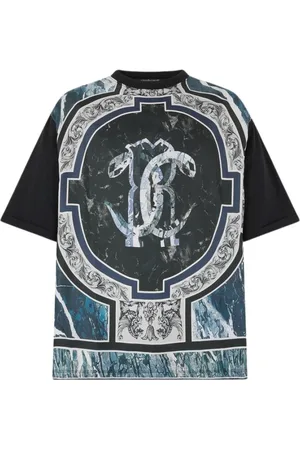 Roberto Cavalli Tops, Heren, Blauw, S, Katoen, T-shirt met marmerprint en ronde hals