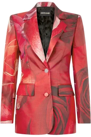 Roberto Cavalli Jassen, Dames, Rood, M, Blazer met rozenprint en klassieke revers