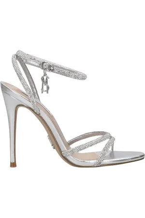 Steve Madden Schoenen, Dames, Grijs, 40 EU, Leer, Zilveren Metallic Strappy Hakken met Strass