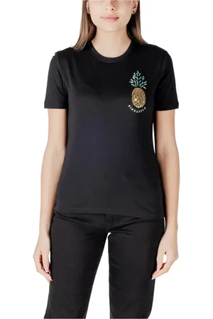 ONLY Tops, Dames, Zwart, L, Katoen, Gedrukt Katoenen T-shirt, Korte Mouwen, Ronde Hals