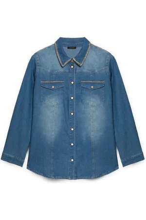 Fiorella rubino Blouses & Shirts, Dames, Blauw, 5Xl, Denim, Denim shirt met kettingen