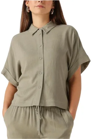SELECTED Blouses & Shirts, Dames, Groen, L, Linnen, Groene Cropped Shirt voor Zonnige Dagen