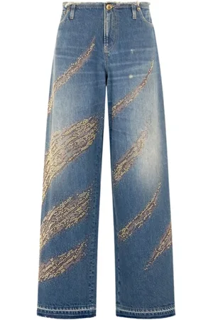 Roberto Cavalli Jeans, Dames, Blauw, 2Xs, Denim, Zebra Patroon Rhinestone Denim Jeans