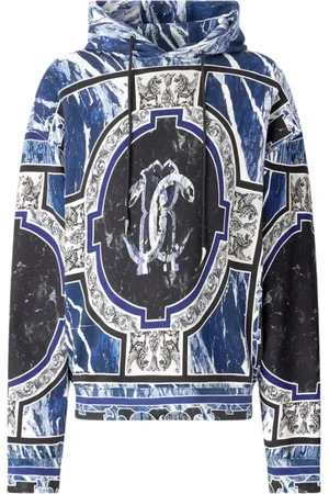 Roberto Cavalli Sweatshirts & Hoodies, Heren, Blauw, L, Katoen, Hoodie met marmerprint en versieringen