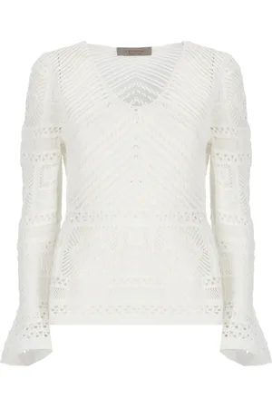 D.EXTERIOR Truien, Dames, Wit, XS, Katoen, Witte V-hals Sweater met Kant Details