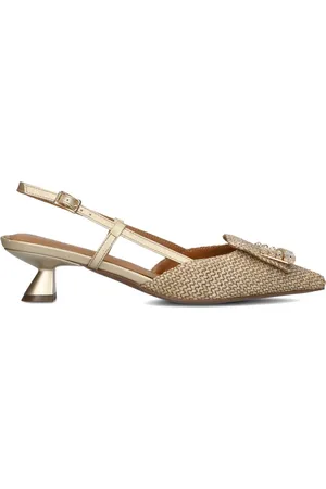 Lodi Schoenen, Dames, Geel, 38 EU, Linnen, Gouden Slingbacks met Raffia Buitenkant