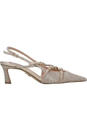 Steve Madden Schoenen, Dames, Geel, 38 1/2 EU, Leer, Gouden metallic stiletto sandalen met strass