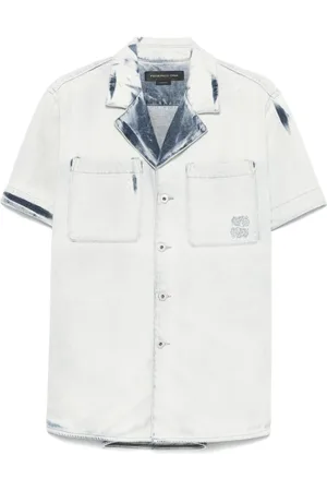 Federico Cina Overhemden, Heren, Blauw, L, Bloemen geborduurd kort overhemd