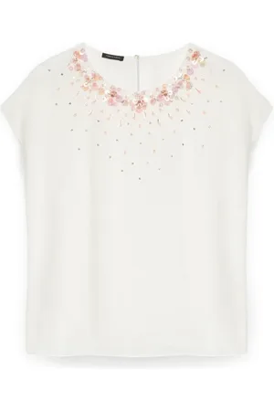 Fiorella rubino Blouses & Shirts, Dames, Wit, 4Xl, Pailletten, Blouse met geborduurde halslijn
