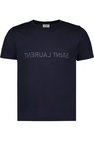 Saint Laurent Tops, Heren, Blauw, XL, Katoen, Omgekeerd Logo T-shirt Marineblauw
