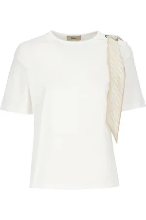 HERNO Tops, Dames, Wit, S, Katoen, Wit Katoenen T-shirt met Logoed Foulard
