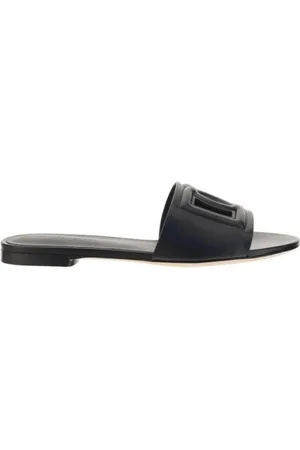 Dolce & Gabbana Schoenen, Dames, Zwart, 40 EU, Leer, Sandalen met Platte Zool en Reliëflogo