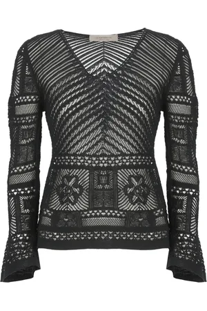 D.EXTERIOR Truien, Dames, Zwart, XS, Katoen, Zwarte V-hals trui met kanten details