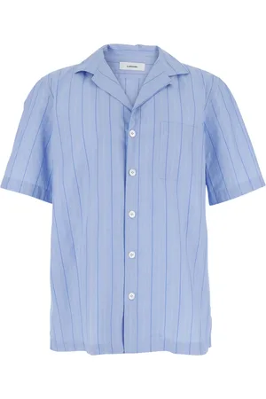 LARDINI Overhemden, Heren, Blauw, XL, Katoen, Blauw Katoenen Bowling Shirt