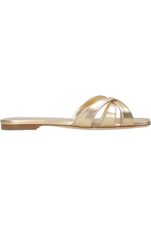 3Juin Schoenen, Dames, Geel, 39 EU, Leer, Gouden leren sandalen met gelamineerde afwerking