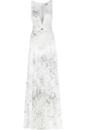 Elisabetta Franchi Kleedjes, Dames, , S, Tule, Ivoor Tule Pailletten V-Hals Jurk