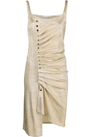 Paco rabanne Kleedjes, Dames, , XS, Asymmetrische Gouden Jurk met Zilveren Knopen
