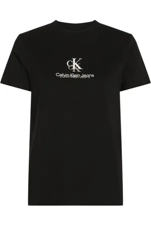Calvin Klein Tops, Dames, Zwart, S, Katoen, Zwart Bedrukt Katoenen T-shirt met Ronde Hals