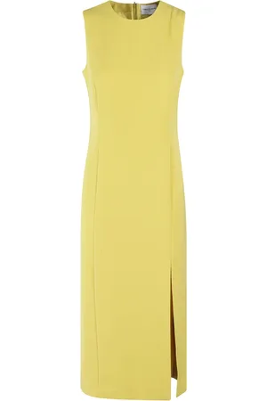 Isabelle Blanche Kleedjes, Dames, Geel, M, Polyester, Mosterd Mouwloze Midi Jurk met Zijsplit