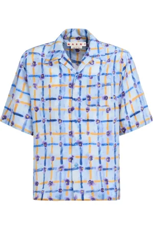 Marni Overhemden, Heren, Blauw, L, Diepblauw/Paars Geruit Shirt met Korte Mouwen