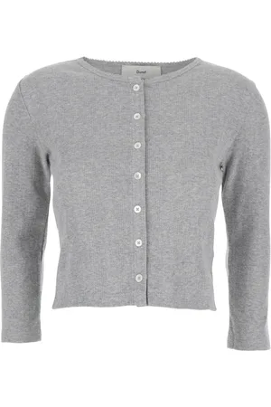 DUNST Truien, Dames, Grijs, M, Katoen, Grijze Pointelle Crewneck Cardigan Sweaters
