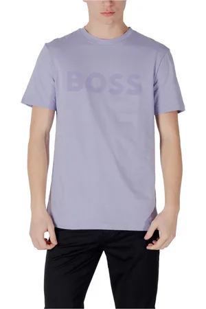 HUGO BOSS Tops, Heren, Paars, M, Katoen, Lila Bedrukt Ronde Hals T-shirt