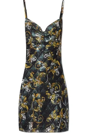 VERSACE Kleedjes, Dames, Zwart, XS, Pailletten, Paillettenjurk met barokpatroon