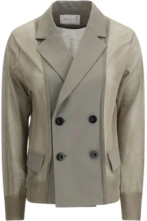 SACAI Pakken, Dames, Grijs, M, Katoen, Double-Breasted Blazer met geribbelde manchetten