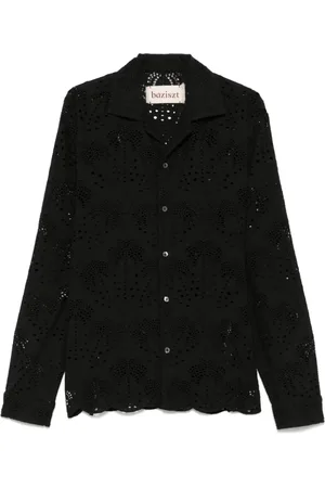 Baziszt Overhemden, Heren, Zwart, L, Zwarte Geborduurde Camp Kraag Shirt