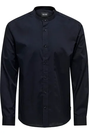 Only & Sons Overhemden, Heren, Blauw, S, Katoen, Solid Poplin Mao Shirt