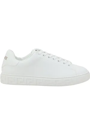 VERSACE Schoenen, Heren, Wit, 45 EU, Gestempelde kalfsleren vetersneakers