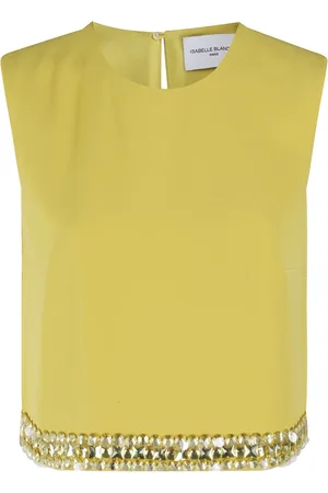 Isabelle Blanche Tops, Dames, Geel, S, Polyester, Mosterdgele Mouwloze Top met Versieringen