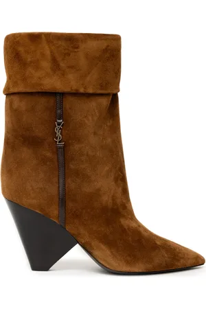 Saint Laurent Schoenen, Dames, Bruin, 37 EU, Suède, Bruine Suède Enkellaarzen met Kegelelhak