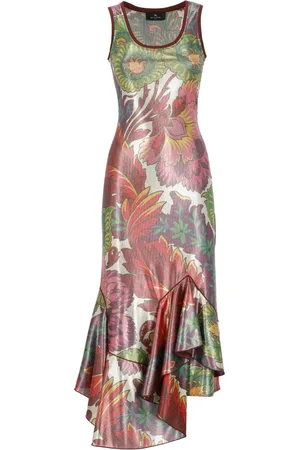 Etro Kleedjes, Dames, Veelkleurig, S, Bloemen Mouwloze Jurk met Ruche Zoom