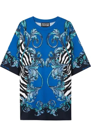VERSACE Tops, Heren, Blauw, L, Katoen, Barocco Zebra T-Shirt Blauw Heren