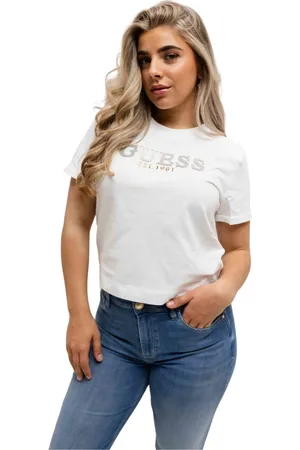 Guess Tops, Dames, Wit, M, Katoen, Geknipt Gewassen T-shirt Wit