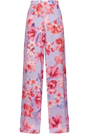 Pinko Broeken, Dames, Paars, XS, Polyester, Palazzo Broek met Tropische Bloemenprint