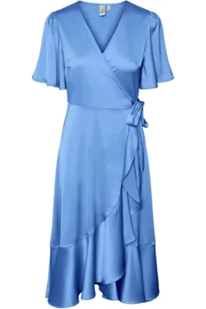Y.A.S Kleedjes, Dames, Blauw, M, Polyester, Blauwe Midi Omslagjurk met Ruches