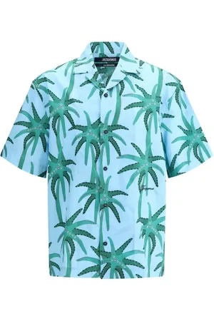 Jacquemus Overhemden, Heren, Blauw, L, Katoen, Palmboomprint Cubaanse Kraag Shirt