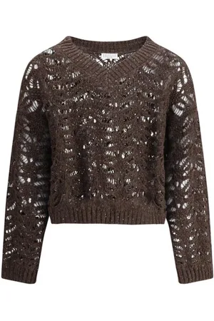 Brunello Cucinelli Truien, Dames, Bruin, L, Linnen, Chic Linen Sequin Sweater