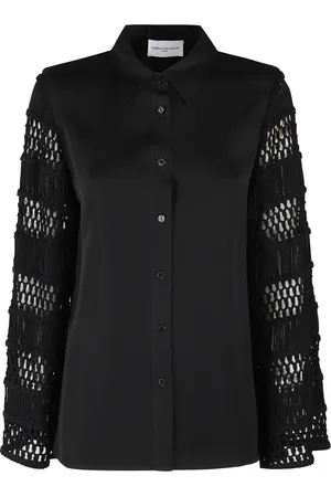Isabelle Blanche Blouses & Shirts, Dames, Zwart, M, Zwarte Gehaakte Blouse met Puntkraag