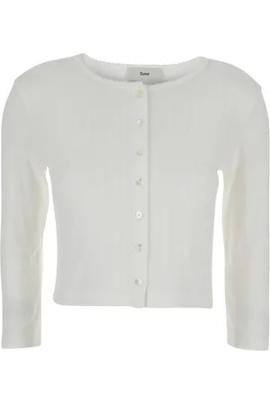 DUNST Truien, Dames, Wit, S, Katoen, Witte Pointelle Crewneck Sweater