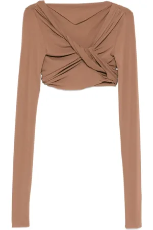 Rick Owens Tops, Dames, Bruin, S, Katoen, Jade Crop Tan Long Sleeve Top