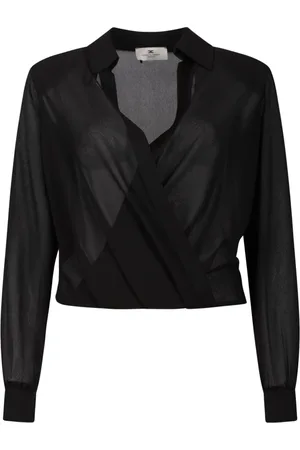Elisabetta Franchi Blouses & Shirts, Dames, Zwart, L, Polyester, Zwarte Georgette Gedrapeerde Blouse met Juwelen Manchetknopen