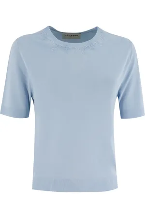 ERMANNO SCERVINO Truien, Dames, Blauw, M, Bloemenkant Gebreide Jersey Top